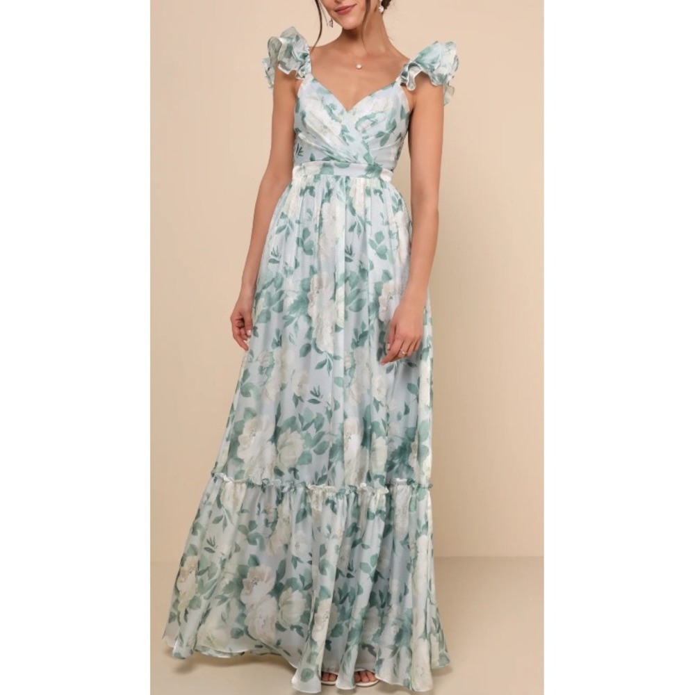 Lulus NWT Soiree Perfection Sage Green Floral Metallic Ruffle Maxi Dress 1X